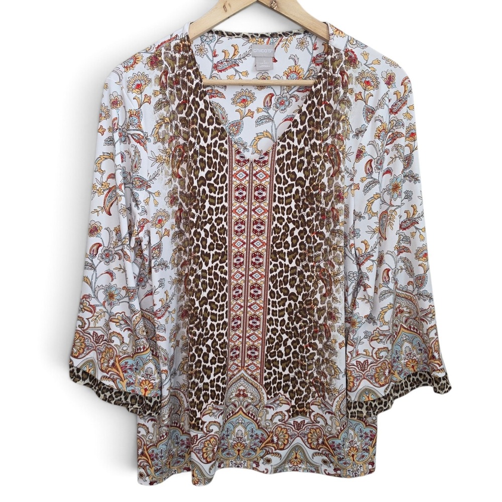 Chicos Top Womens 2 US Large Brown Animal Print V Neck Blouse Bell Sleeve